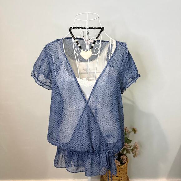 Y2K vintage blue sheer layering babydoll wrap top - Picture 3 of 6